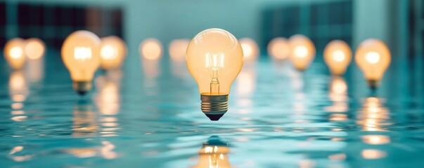 Glowing Lightbulbs on Water Surface, Innovation, Ideas