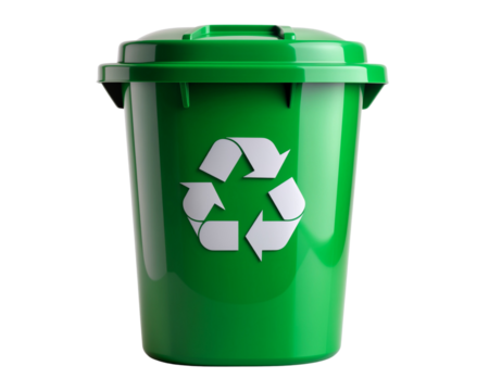 A classic green recycling bin featuring the white universal recycling symbol on the f