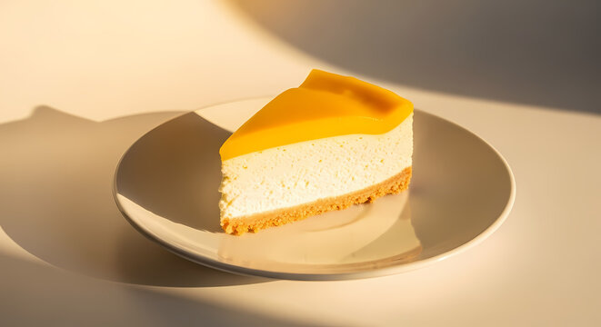 Cheesecake slice with mango topping on white plate in warm golden hour lighting for dessert advertising