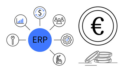 Central ERP node with surrounding icons analytics, currency, teamwork, tools, production, gear. Euro sign with stacked coins. Ideal for business management, process optimization digital