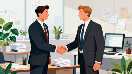 Business people in suits are in the office, shaking hands and working together, hand-drawing vector illustrations