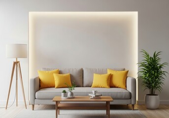 Modern living room with comfortable sofa warm lighting and decorative pillows creating cozy ambiance illustration
