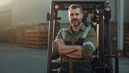 Male forklift driver standing in front of his forklift with his arms crossed and wearing work clothes generative AI