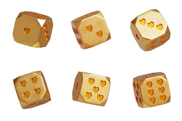 Abstract gold heart dice in six side collection isolated background 3d rendering	
