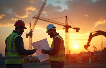 Construction workers in hard hats and vests review blueprints at a sunset worksite. Cranes and excavators are visible in background. Progress check on big building project.