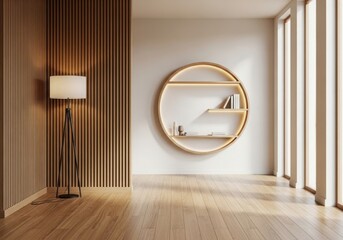 Modern interior design with circular mirror and wood paneling creating serene ambiance illustration