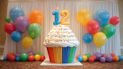 Beautiful image of a giant cupcake-style birthday cake with colorful “12” shaped candles and vibrantly colored party balloons