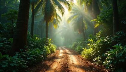 Fototapeta premium Sunlight beams through dense palm trees onto a dirt road in a rich jungle. Rich green foliage lines the path, creating a serene tropical atmosphere. Mist hangs in the air.