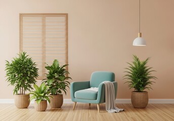 Cozy living room scene with plants armchair and window blinds peaceful home decor illustration