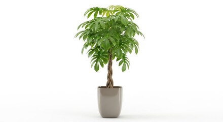 Obraz premium A healthy green potted money tree with a braided trunk, isolated on white background