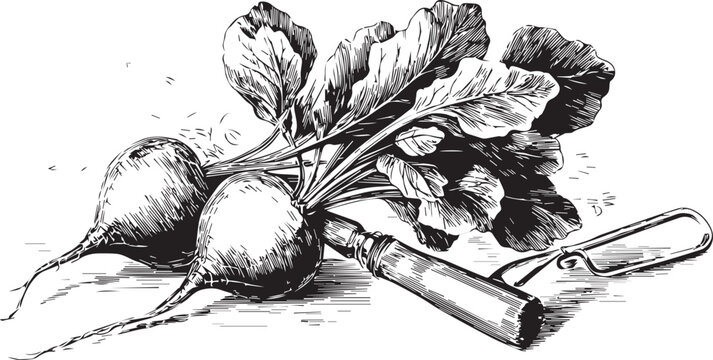 black and white vector illustration of beets with leaves next to a gardening trowel, in the style of vintage-style clipart on a white background