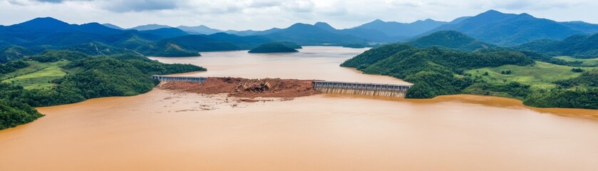 Obraz premium Muddy River and Dam Aerial View Amidst Lush Green Mountains, Sediment , Erosion