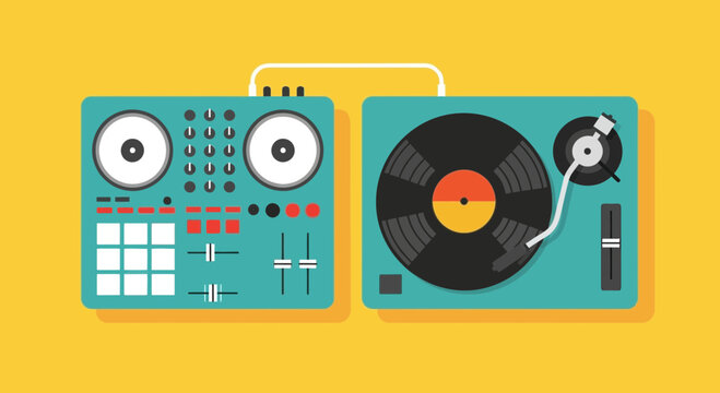 A vibrant flat illustration showcases a teal dj controller and turntable set against a bright yellow background, evoking a sense of energetic music and entertainment