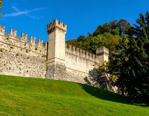 Ancient stone fortress wall with tall towers against a vibrant blue sky