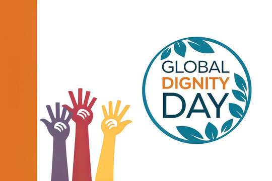 Global Dignity Day — circular emblem with blue leaves and raised multicolor hands on white-orange background promotes unity, respect, and human dignity.  generative ai