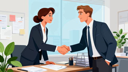 Business people in suits are in the office, shaking hands and working together, hand-drawing vector illustrations