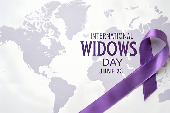 International Widows Day — purple ribbon over world map background highlights global awareness and support for widows’ rights and well-being on June 23. generative ai