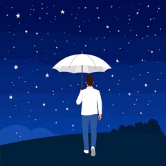 Person walking under umbrella at night