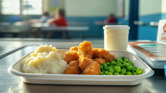 School lunch tray with chicken nuggets, mashed potatoes, peas, and milk  