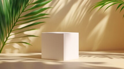 Minimalist Product Display: White Cube on Beige Background with Palm Leaves and Shadows