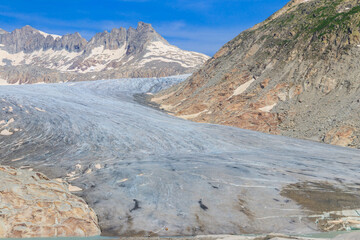 The Rhone Glacier, the source of the Rhone River at Furka Pass in the Swiss Alps in canton of Valais, Switzerland