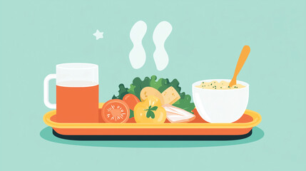Meal tray with soup, beer, and fresh vegetables on a mint background  