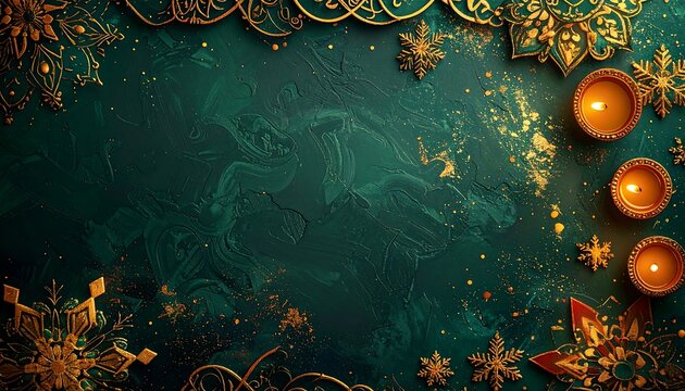 Festive teal background with gold accents and lit candles