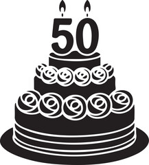 Elegant black and white illustration of a tall birthday cake decorated with roses and number 50 candles