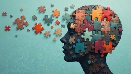 Human head profile filled with jigsaw puzzle pieces. Scattered parts float away signifying thoughts, ideas, and emotions. Abstract concept of mind and cognition.