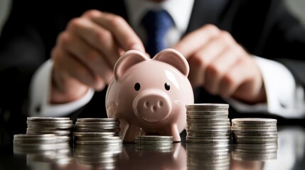 Businessman Saving Money with Piggy Bank and Coins – Financial Investment Concept