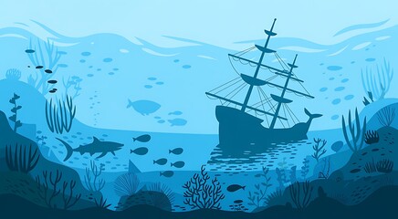 Obraz premium Silhouette of Sunken Ship with Shark and Fish Underwater shipwreck ocean