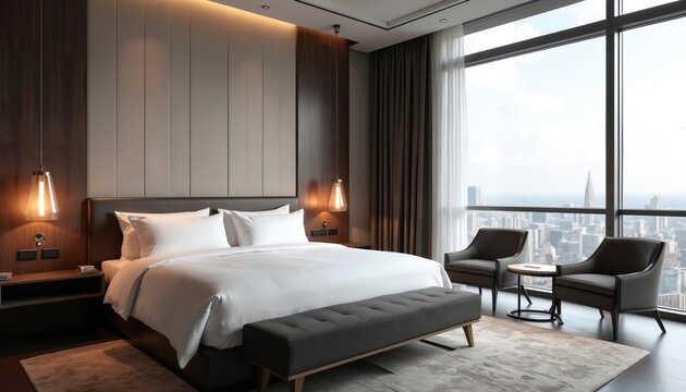 Luxurious hotel room suite with king bed and expansive city skyline view. Modern interior design features plush furnishings comfortable seating and elegant lighting. Perfect for upscale travel.