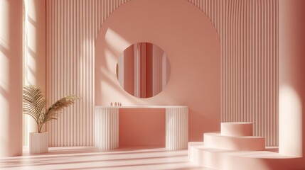 Serene Minimalist Pink Interior Design with Geometric Shapes and Sunlight