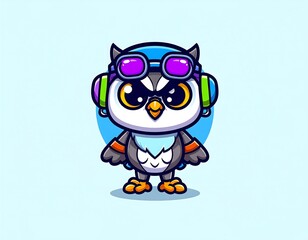 Obraz premium Cute owl cartoon character wearing headphones and aviator glasses