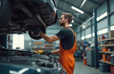 Auto mechanic in orange overalls works on car chassis at service station. Technician checks vehicle engine bay and lifts car for detailed inspection and fix in garage.