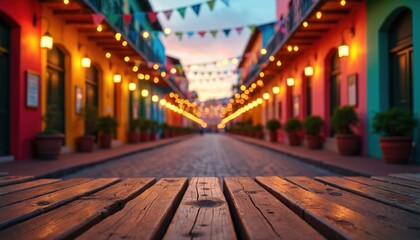 Colorful street with festive lights and flags decorates buildings. Empty wooden table in foreground, cobblestone path recedes into distance. Evening celebration ambiance.