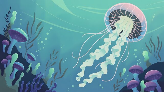 Translucent Jellyfish Floating Amidst Bioluminescent Underwater Fungi ocean marine life
