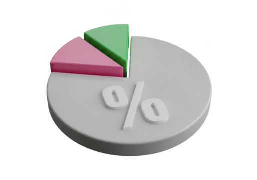 3d pie chart graphic with percentage symbol isolated on transparent background