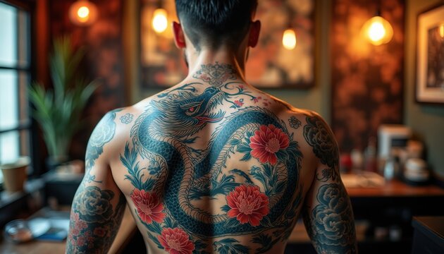 Man with full back tattoo of dragon and flowers. Art ink body piece shows mythical creature and floral design. This elaborate artwork is displayed in a warm lit studio.