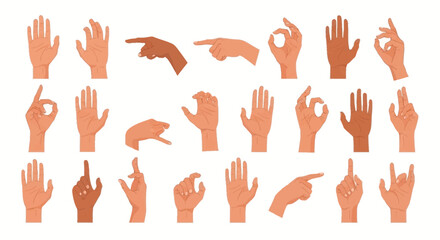 A diverse collection of human hands displaying various gestures and signs, representing communication and expression through body language