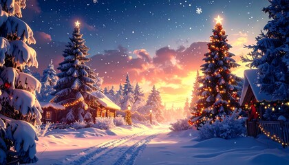 A charming, snowy scene showcases a pathway leading to a cozy village at dusk. Illuminated trees twinkle, casting warm light against the cold winter backdrop