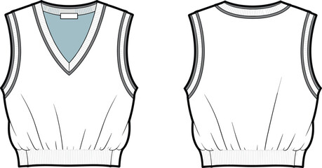 Blank sleeveless sweater vest fashion vector flat sketch front and back view apparel template design mockup illustration for clothing pattern