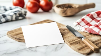 Blank Recipe Card Mockup on Wooden Cutting Board in Kitchen Setting