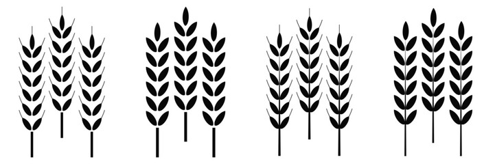 Wheat Ears Icon Set – Agriculture Grain Symbols, Farm Harvest Vector Illustration