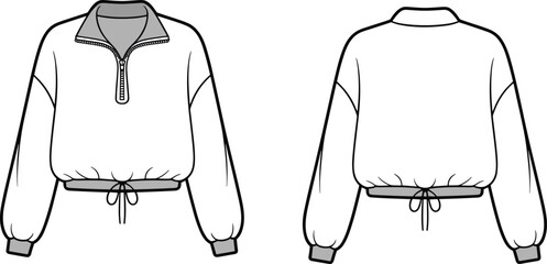 Women cropped pullover sweatshirt fashion template, half zip long sleeve with contrast cuffs and drawstring hem, front and back blank vector design © Creatives Art