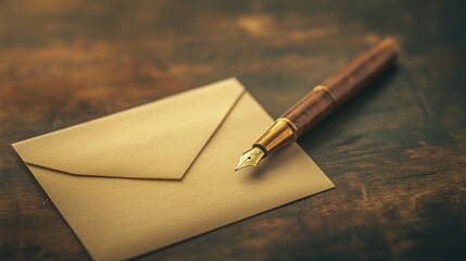Elegant Fountain Pen and Envelope on Wooden Surface