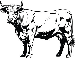 Obraz premium Bull silhouette vector illustration, muscular livestock icon, black outline style, realistic cattle anatomy, farm animal design, bold graphic artwork