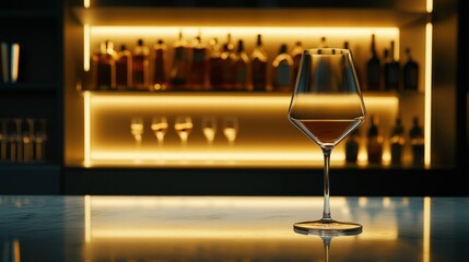 Wine Glass on Bar Counter with Backlit Bottles