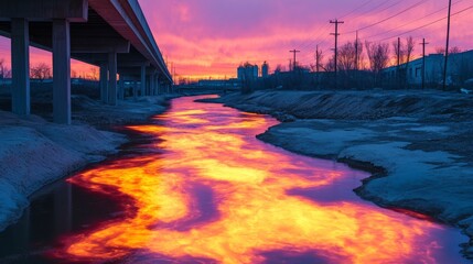 Urban Lava River Reflecting Sunset Under Bridge, Cityscape ,Sunset ,River
