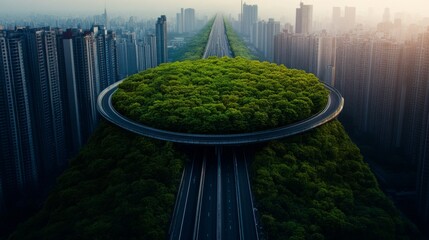 Urban Oasis Elevated Highway and Lush Greenery Amidst Cityscape, urban design , ecology